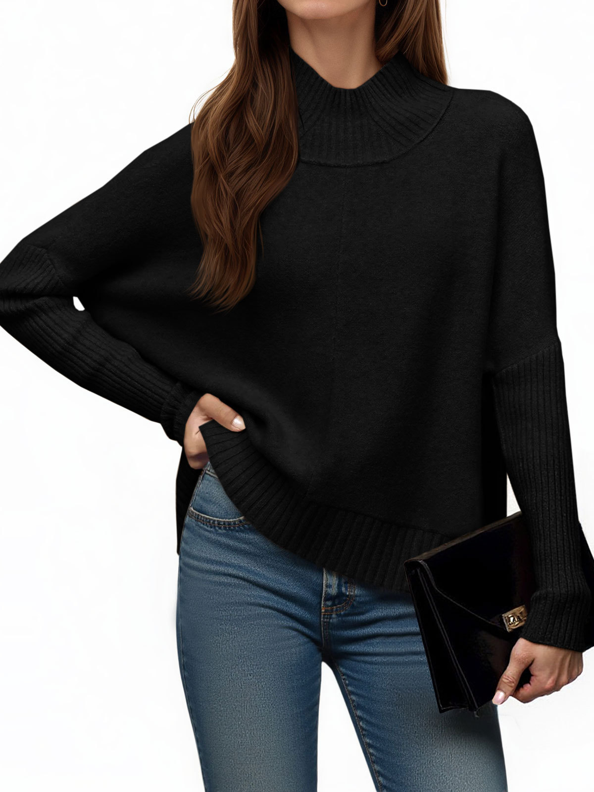 Womens Mock Neck Batwing Sweater Tops