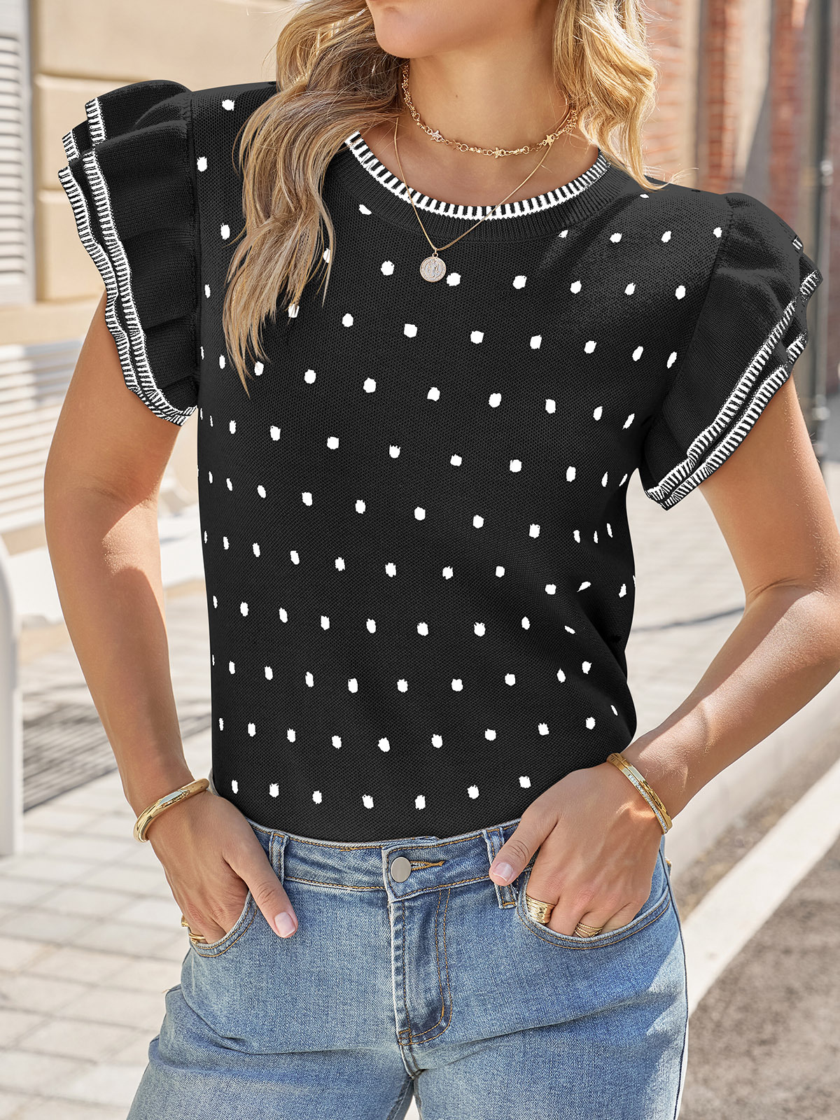 Womens Ruffle Short Sleeve Sweaters