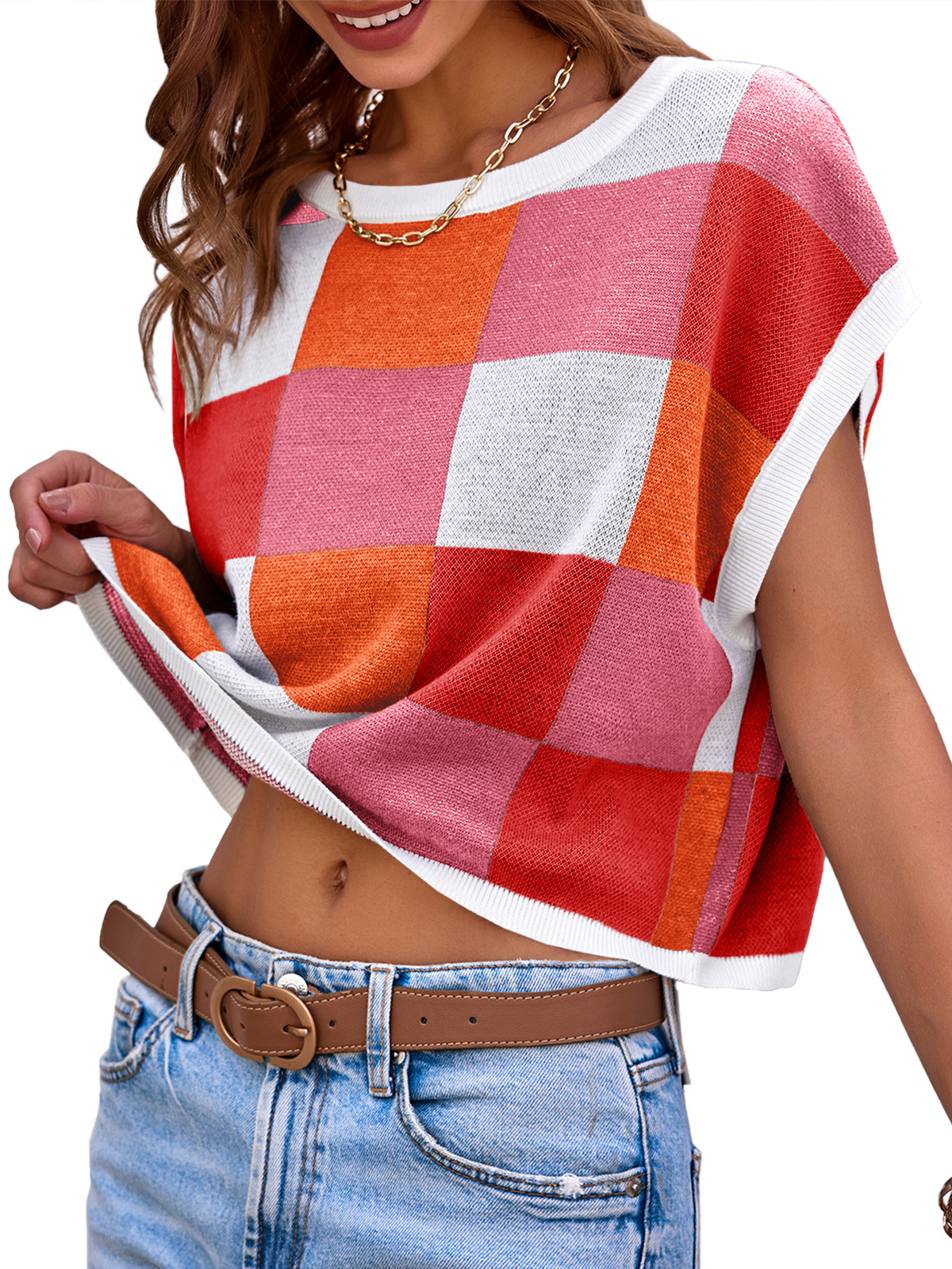 Cap Sleeve Color Block Crop Tops