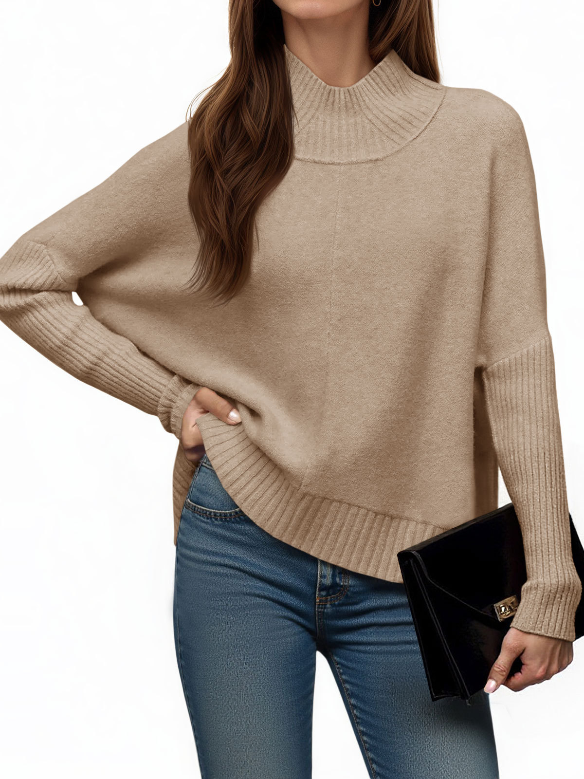 Womens Mock Neck Batwing Sweater Tops