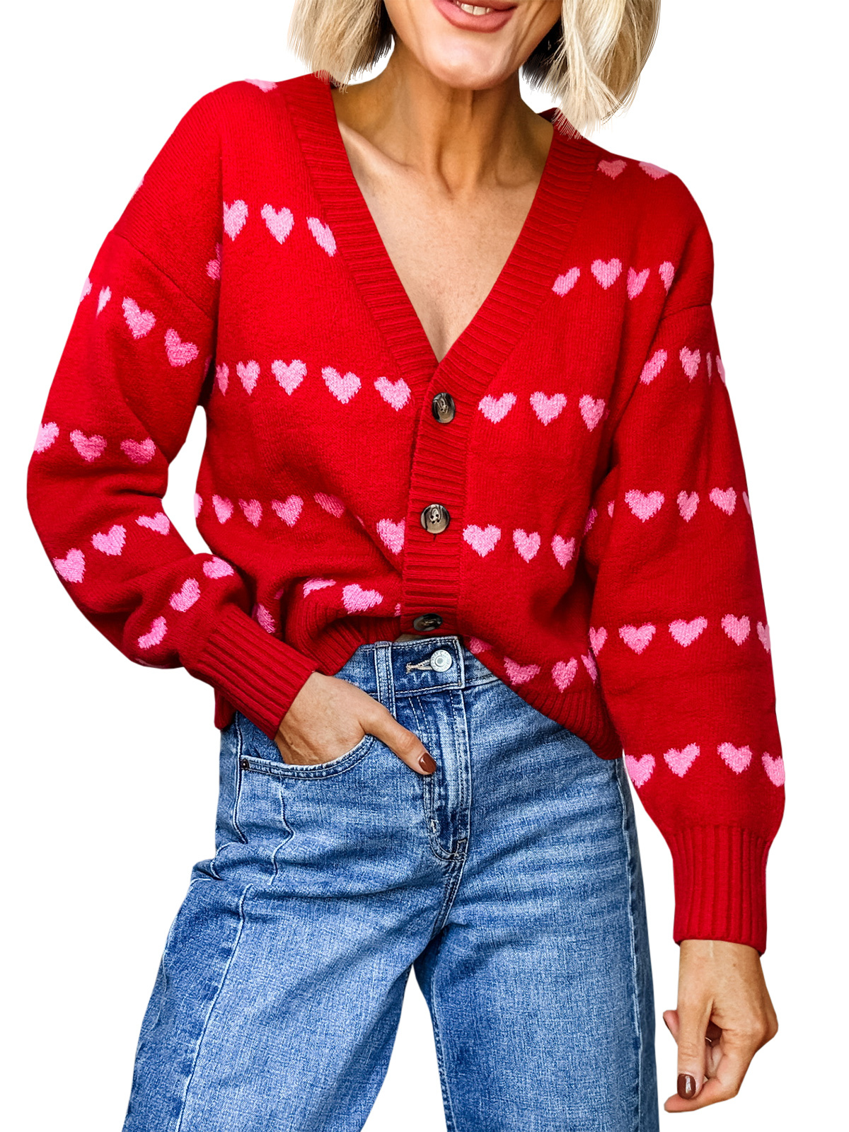 Womens Cute Heart Valentines Cardigan Sweaters