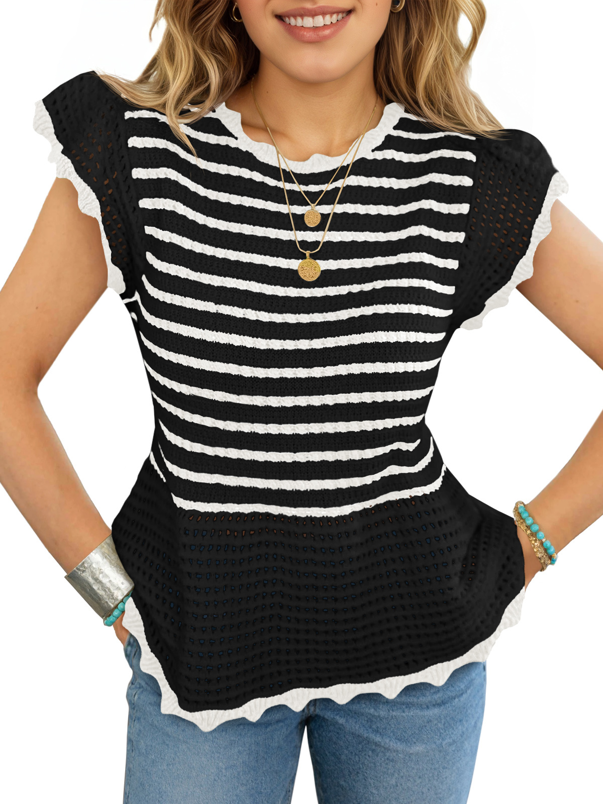 Womens Ruffle Cap Sleeve Sweater Tops