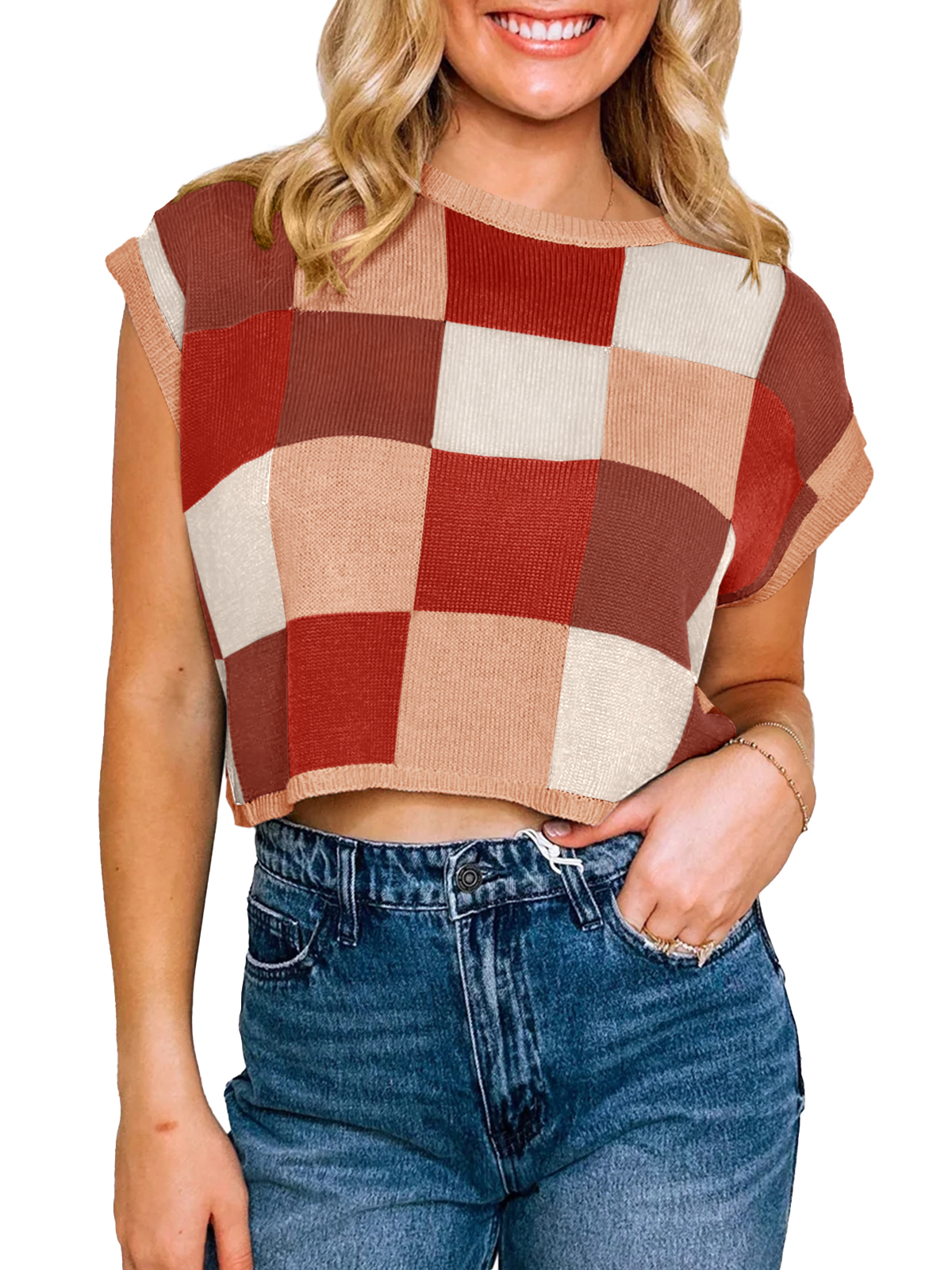 Cap Sleeve Color Block Crop Tops