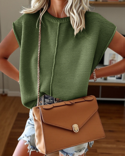 Cap Sleeve Crewneck Sweater Tops