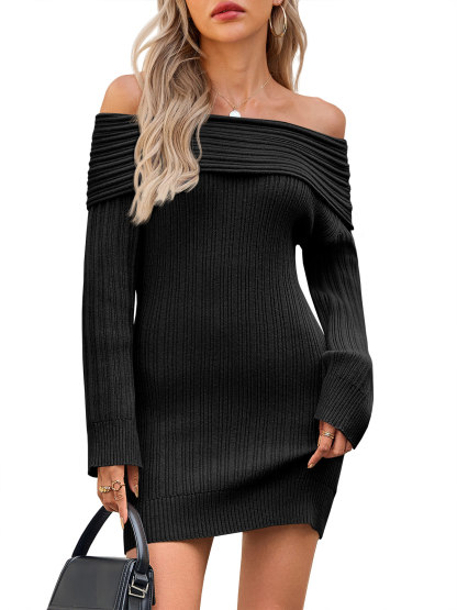Womens Off The Shoulder Mini Sweater Dress