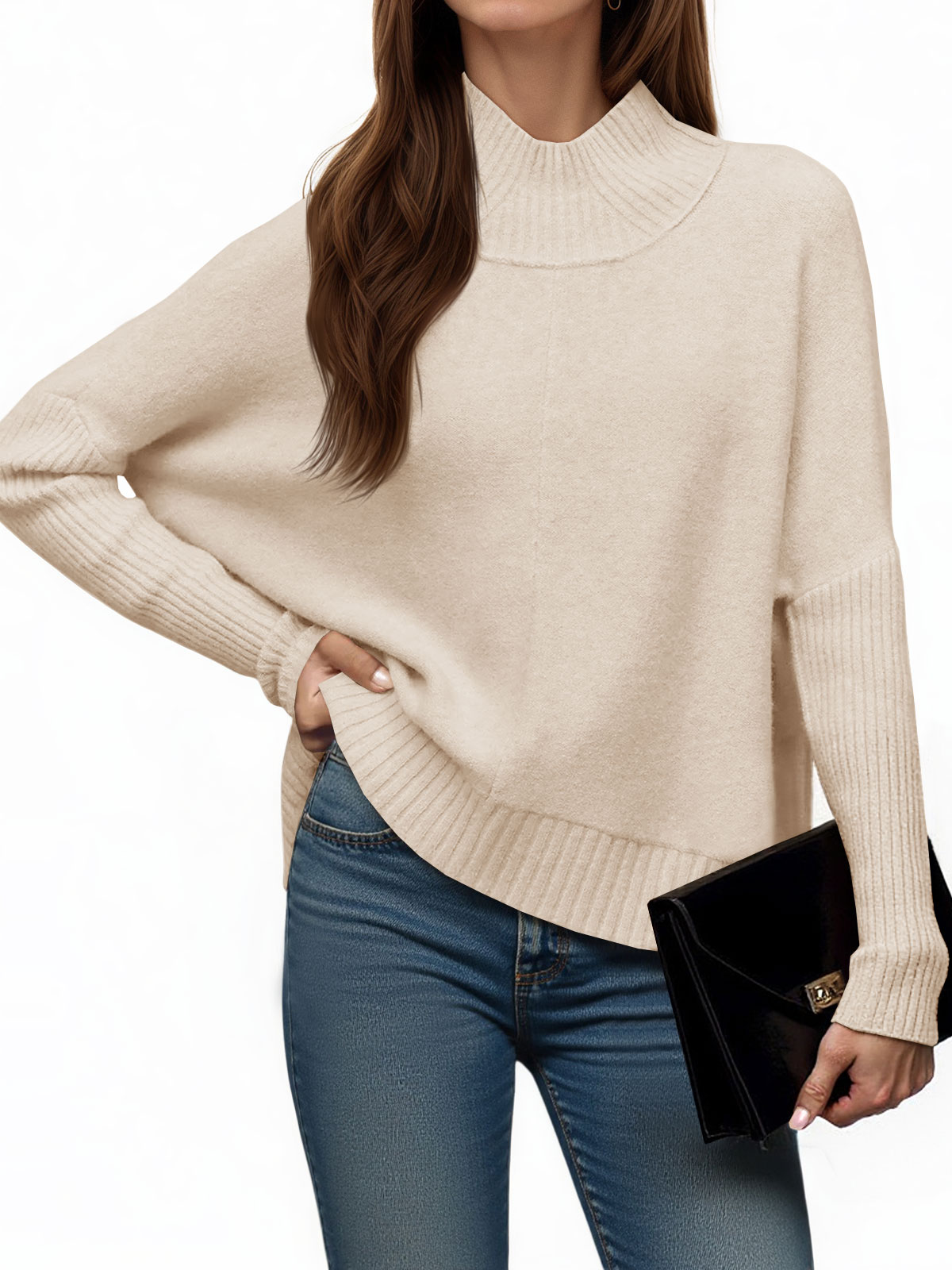 Womens Mock Neck Batwing Sweater Tops