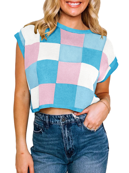 Cap Sleeve Color Block Crop Tops