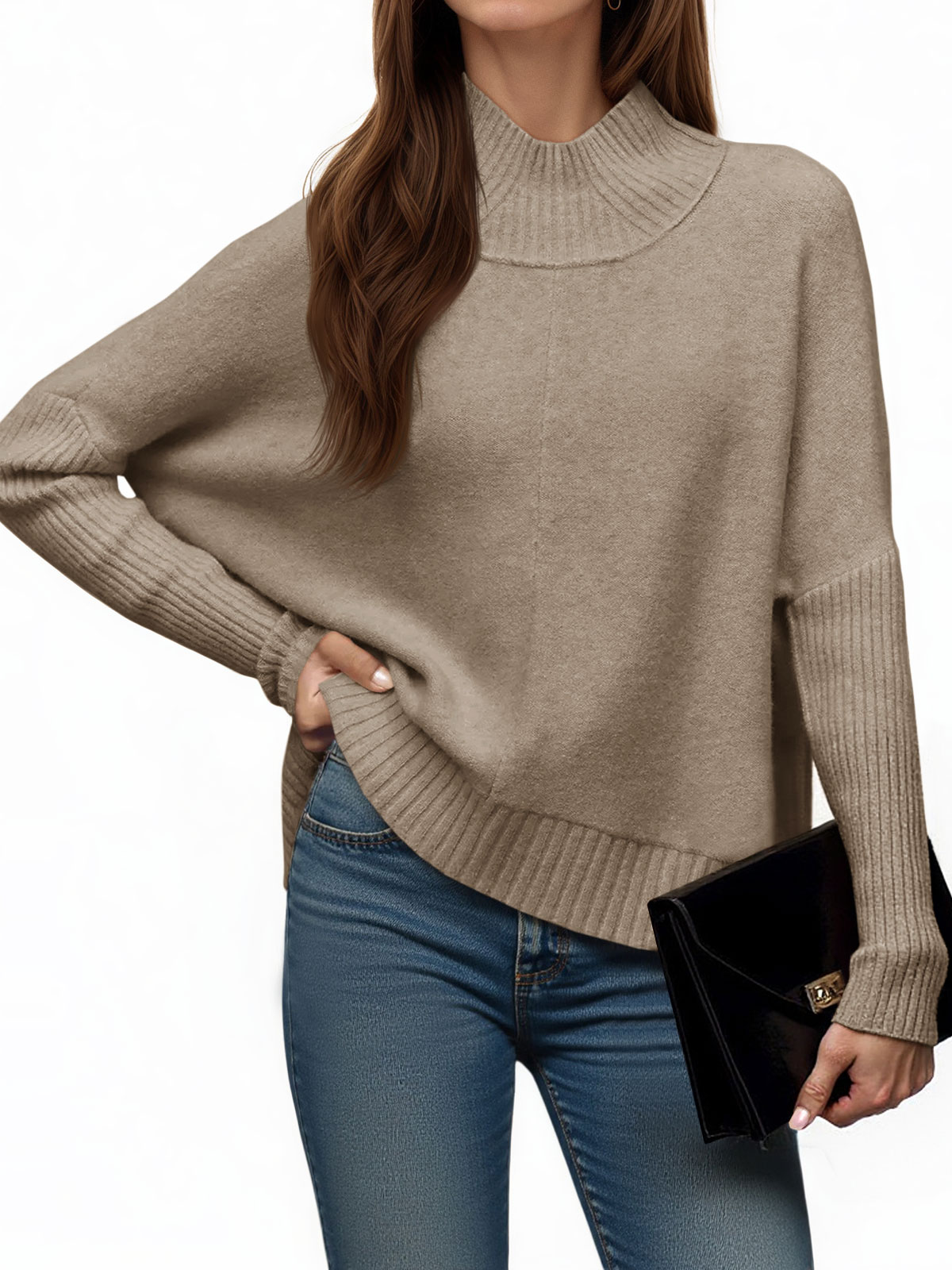 Womens Mock Neck Batwing Sweater Tops