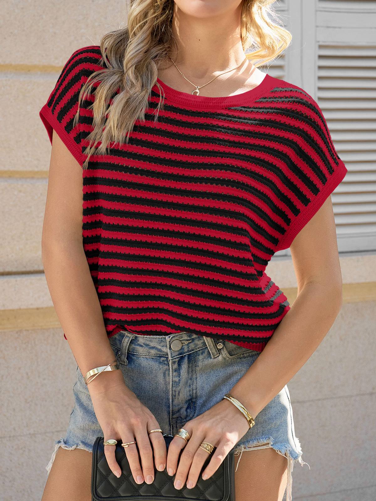 Womens Cap Sleeve Striped Sweater Tops