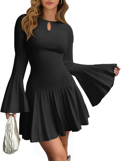 Womens Long Flare Sleeve Mini Sweater Dress