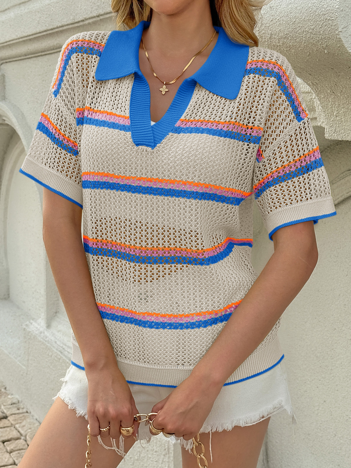 Womens Short Sleeve Crochet Sweater