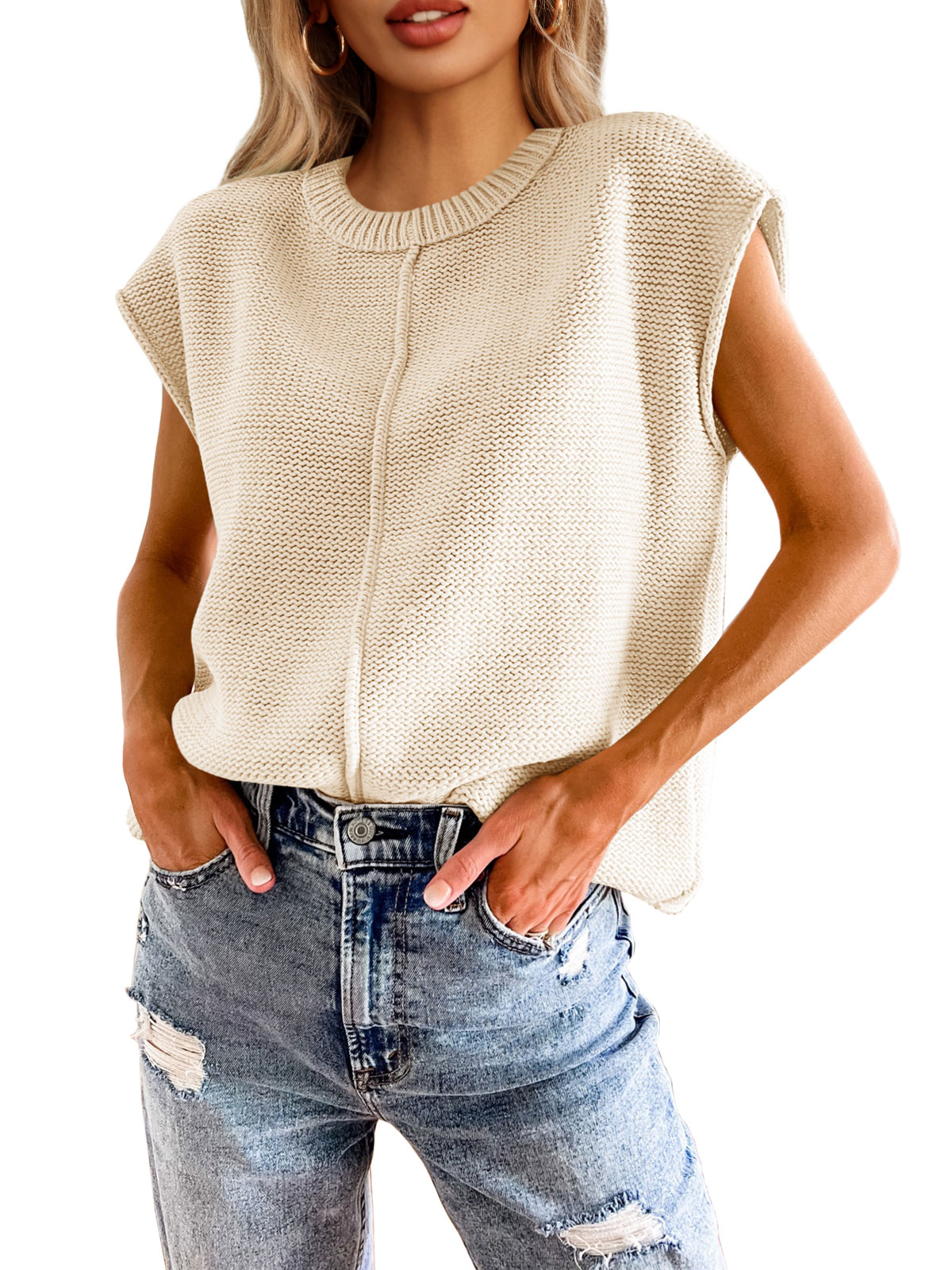 Cap Sleeve Crewneck Sweater Tops