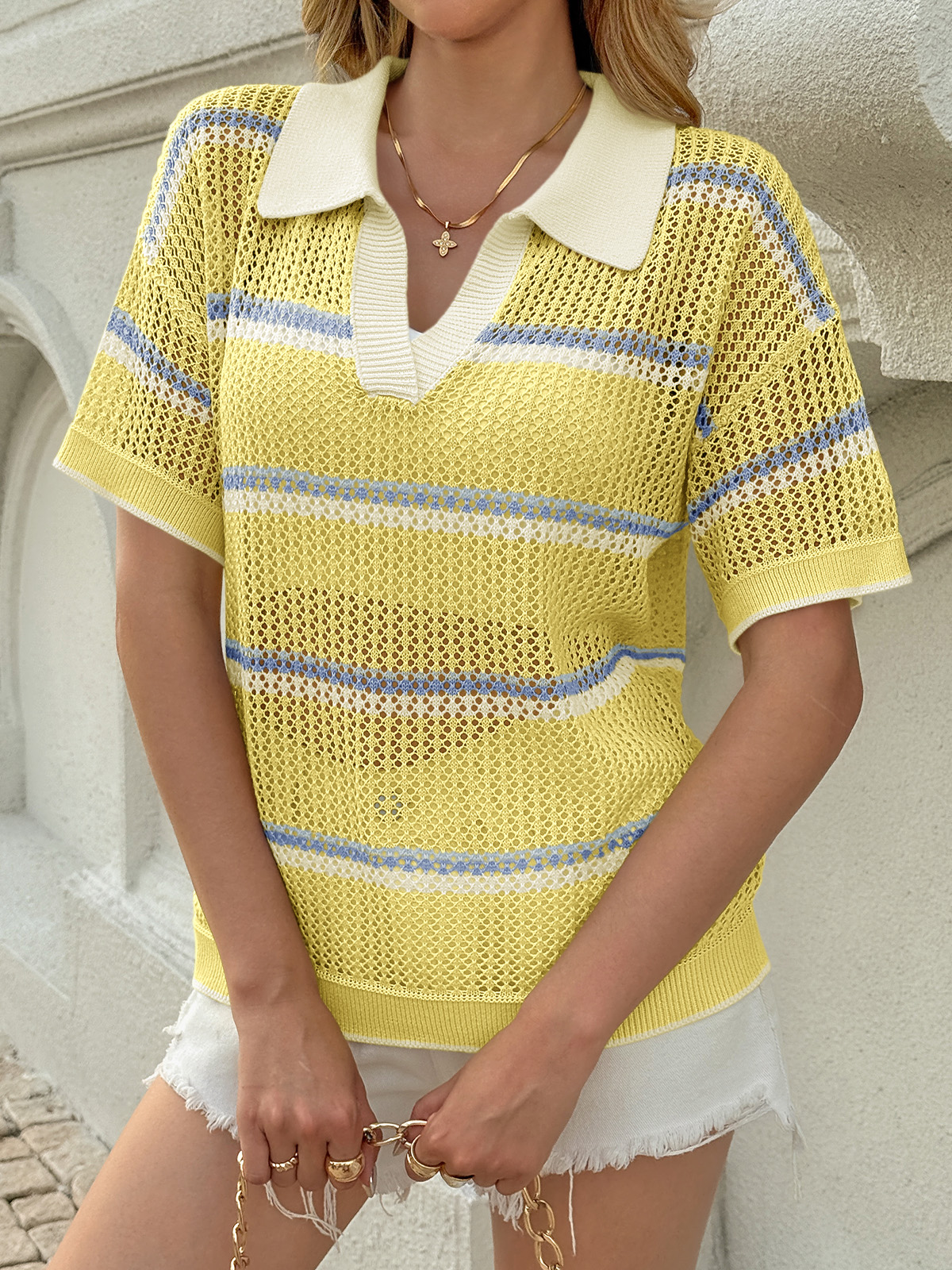 Womens Short Sleeve Crochet Sweater