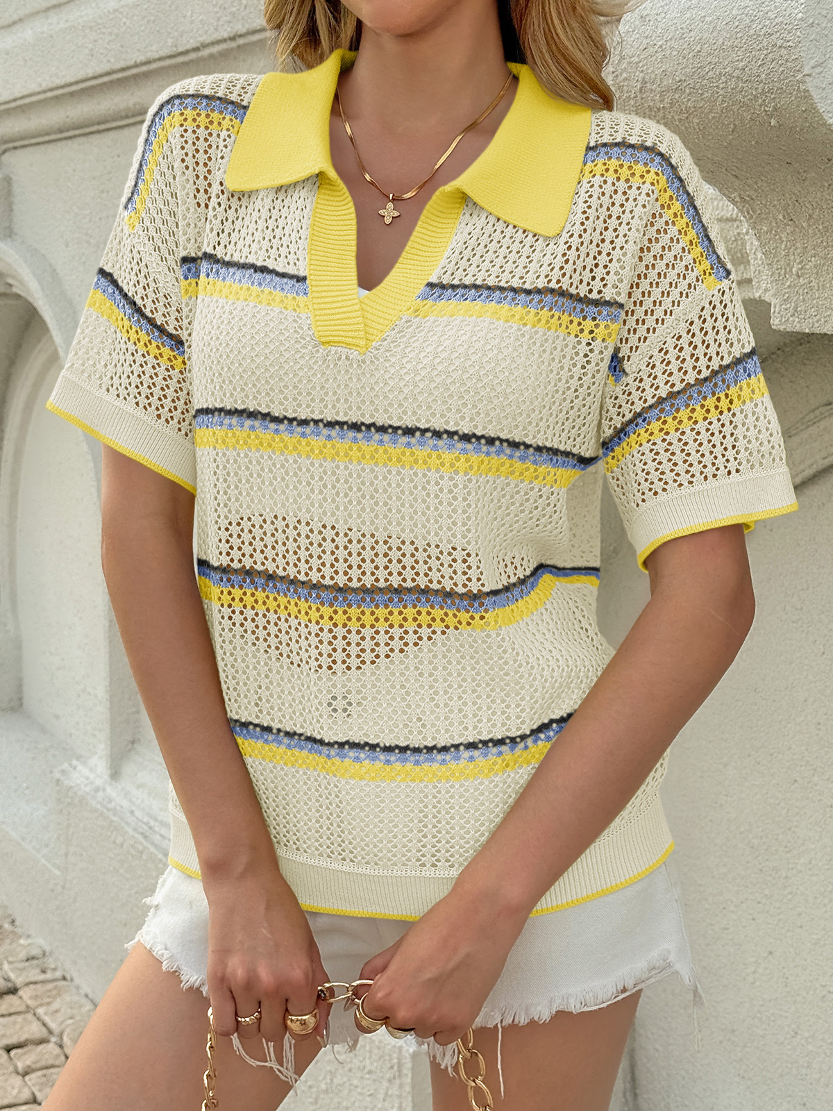 Womens Short Sleeve Crochet Sweater