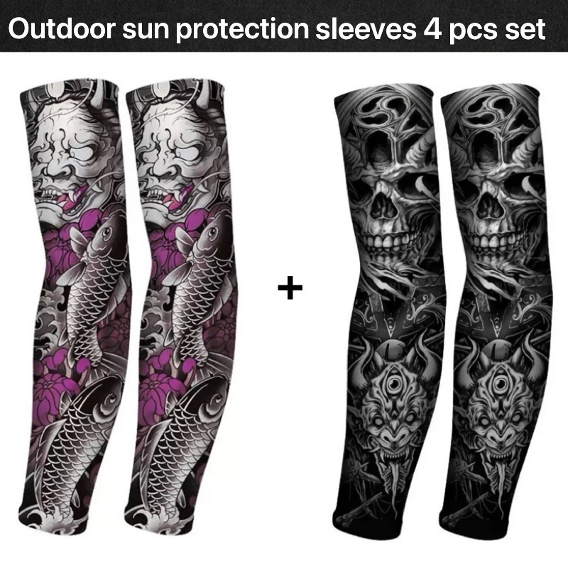 [Free Shipping Set]UPF 50+ Outdoor Sun Protection Tattoo Arm Sleeve(thicker/not ultra-thin) 4 Piece Set Original Designer Collection.Suitable For Fishing, Cycling, Running, Climbing, Golf, Driving.