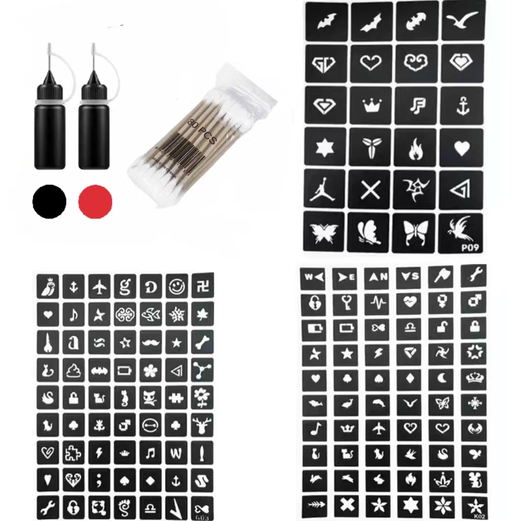 Reusable Skeleton Tattoo Stencil Waterproof Tattoo Sticker Set (Includes 3 stencils, 2 cream, 1 cotton swabs)