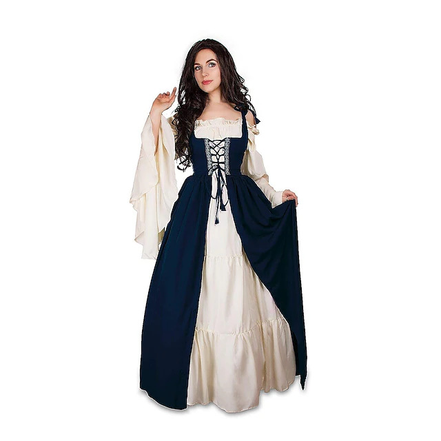 Medieval Court Corset‑Style Long Dress, Vintage Gown With Off‑Shoulder Batwing Sleeve & Full Skirt, Custom‑Made for Medieval Themed Events | Astricos