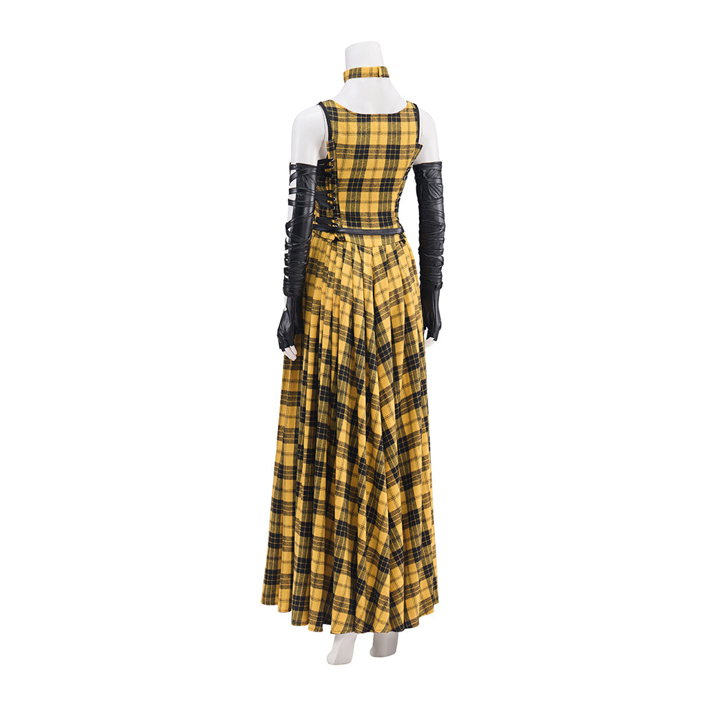 Punk Rock Women's Yellow Plaid Long Dress with Leather Sleeves | Astricos Cosplay Costumes