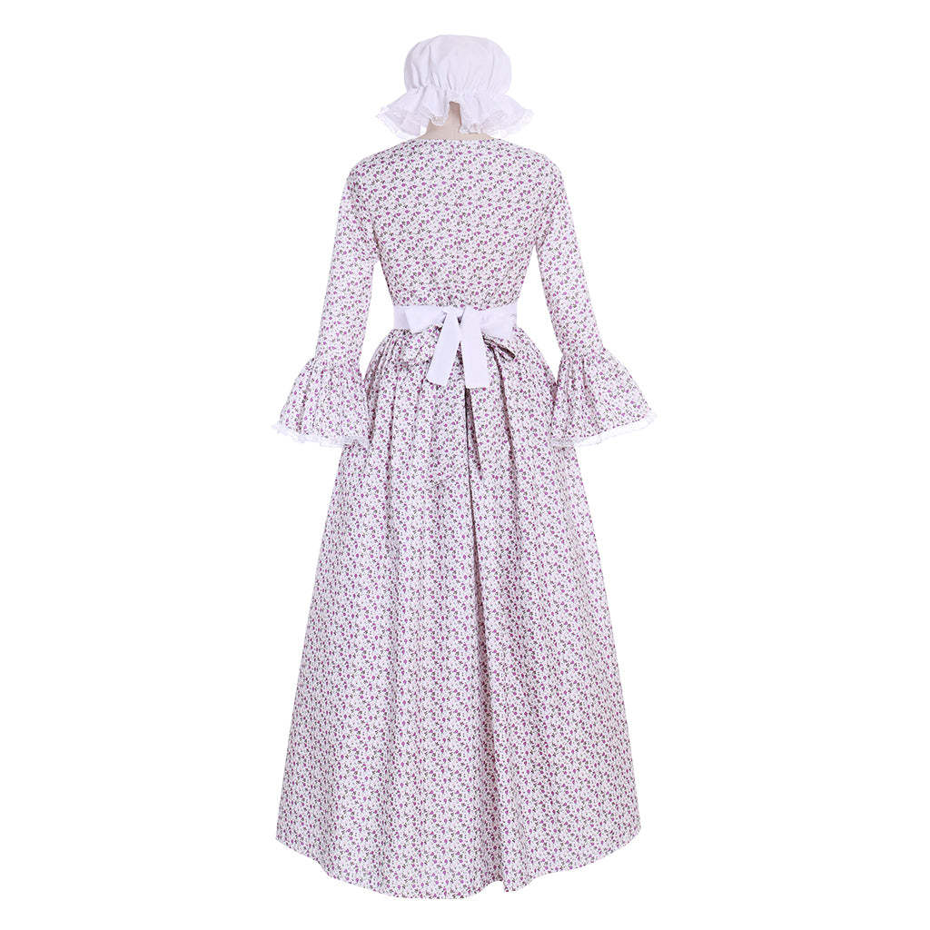 Victorian Pioneer Pilgrim Wench Floral Prairie Dress – Women’s Colonial Lolita Cosplay Costume-Astricos