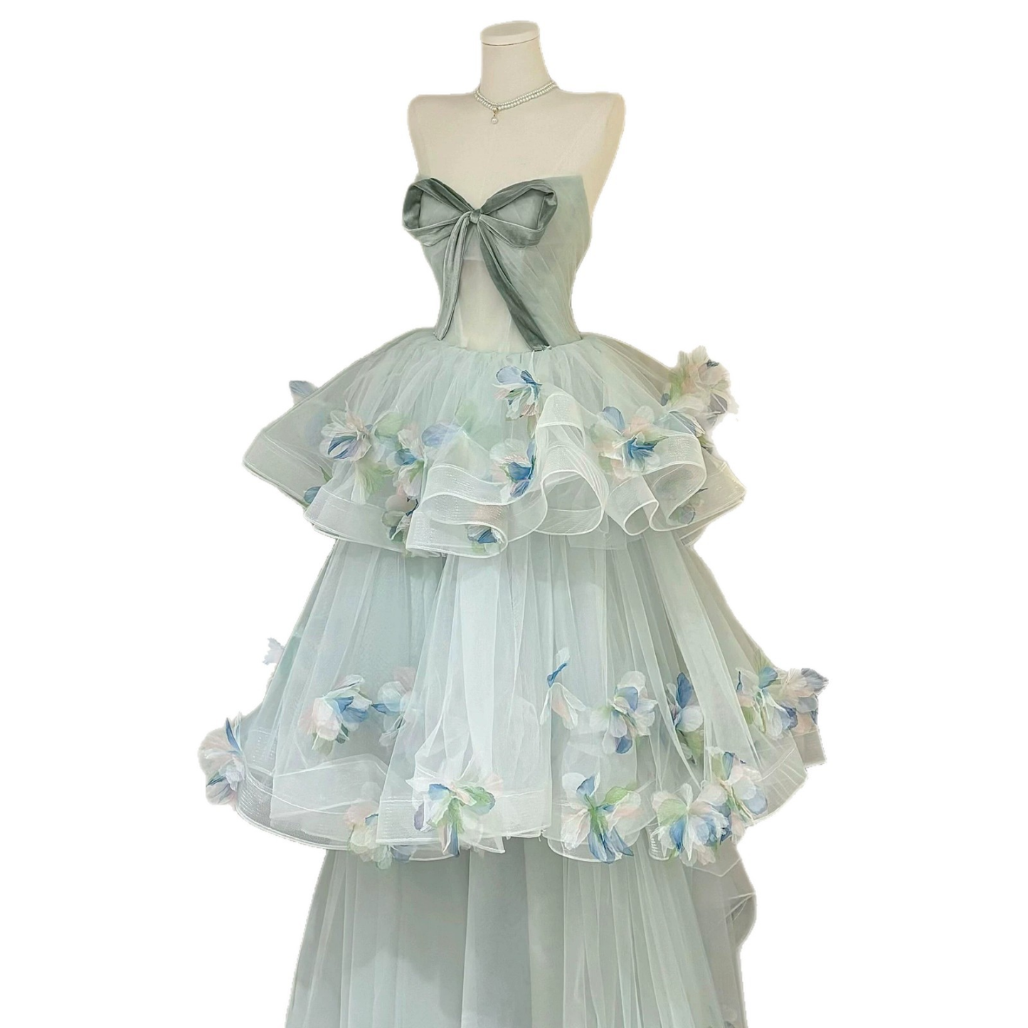 Forest‑Style Strapless Floral Evening Gown, Luxury Niche Princess Prom Dress With Tiered Tulle Skirt, Custom‑Made for Ceremony & Birthday | Astricos