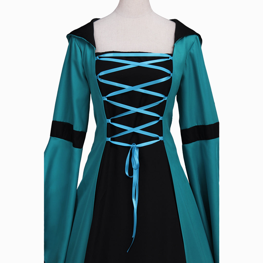 Elegant Women's Vintage Medieval Costume - Renaissance Victorian Square Neck Flare Sleeve Lace Patchwork Hooded Gown-Astricos