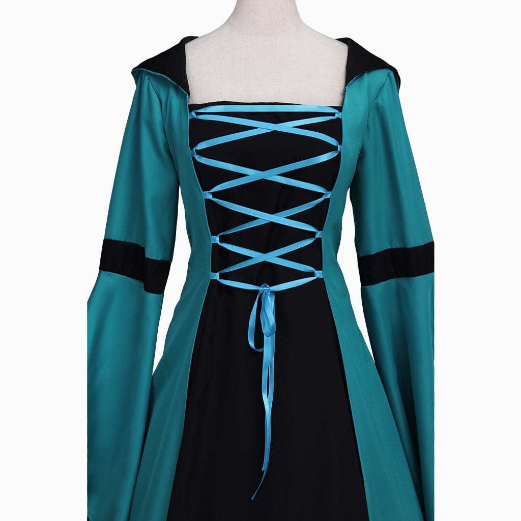 Elegant Women's Vintage Medieval Costume - Renaissance Victorian Square Neck Flare Sleeve Lace Patchwork Hooded Gown-Astricos