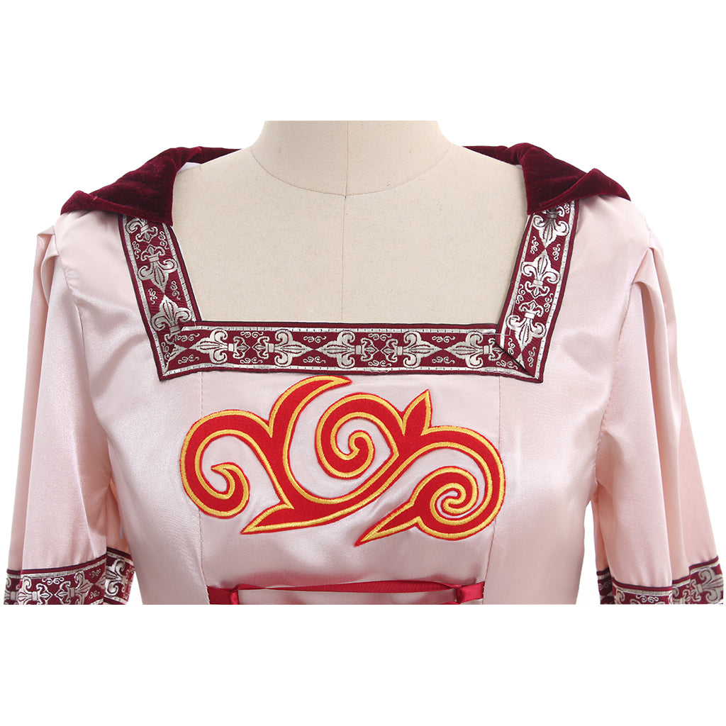Pink Medieval Ball Gown Cosplay Dress - Long Sleeves Satin/Velvet Hooded Custom Maid Outfit-Astricos
