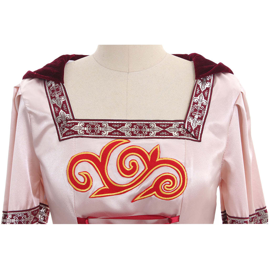 Pink Medieval Ball Gown Cosplay Dress - Long Sleeves Satin/Velvet Hooded Custom Maid Outfit-Astricos
