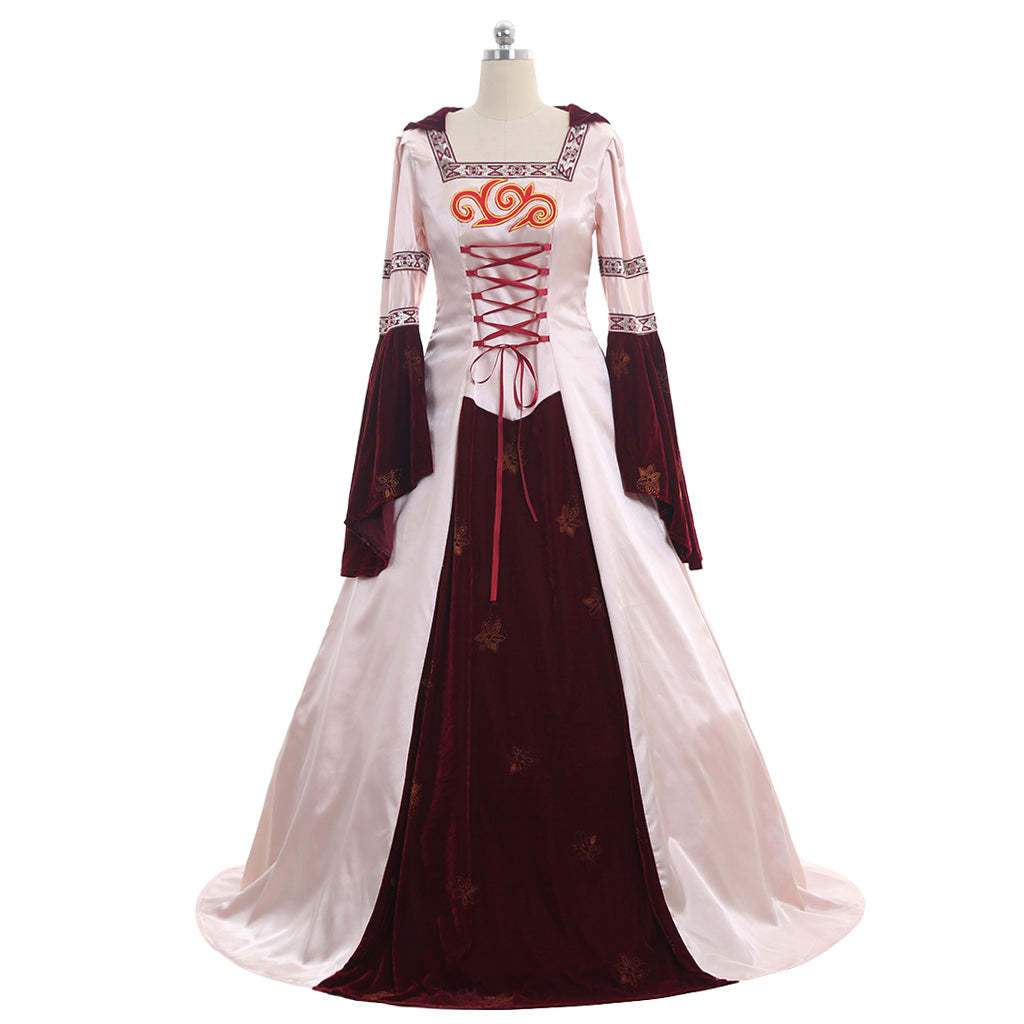 Pink Medieval Ball Gown Cosplay Dress - Long Sleeves Satin/Velvet Hooded Custom Maid Outfit-Astricos