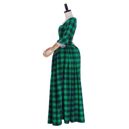 18th Century Marie Antoinette Rococo Gown - Elegant Green and Black Check with Lace Trim-Astricos