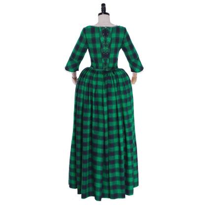 18th Century Marie Antoinette Rococo Gown - Elegant Green and Black Check with Lace Trim-Astricos