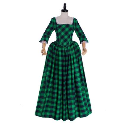 18th Century Marie Antoinette Rococo Gown - Elegant Green and Black Check with Lace Trim-Astricos