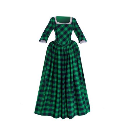 18th Century Marie Antoinette Rococo Gown - Elegant Green and Black Check with Lace Trim-Astricos