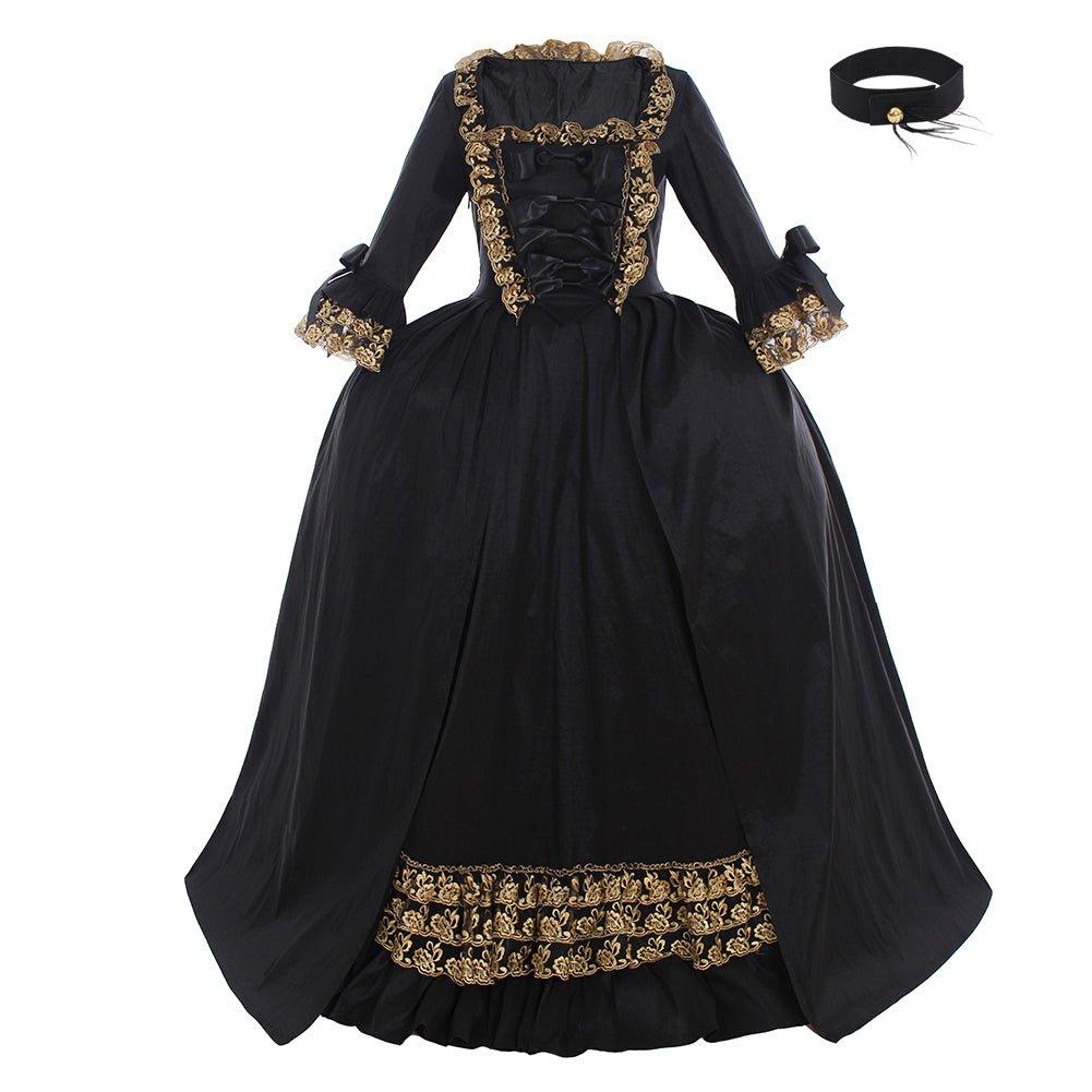 18th Century Rococo Black Dress - Luxurious Golden Lace Cosplay Costume-Astricos