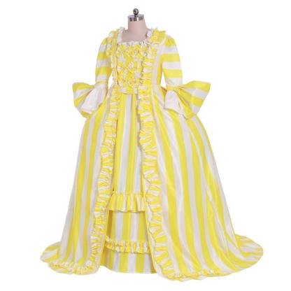 18th Century Rococo Striped Dress - Yellow & White Ruffled Pleated Gown by Astricos-Astricos