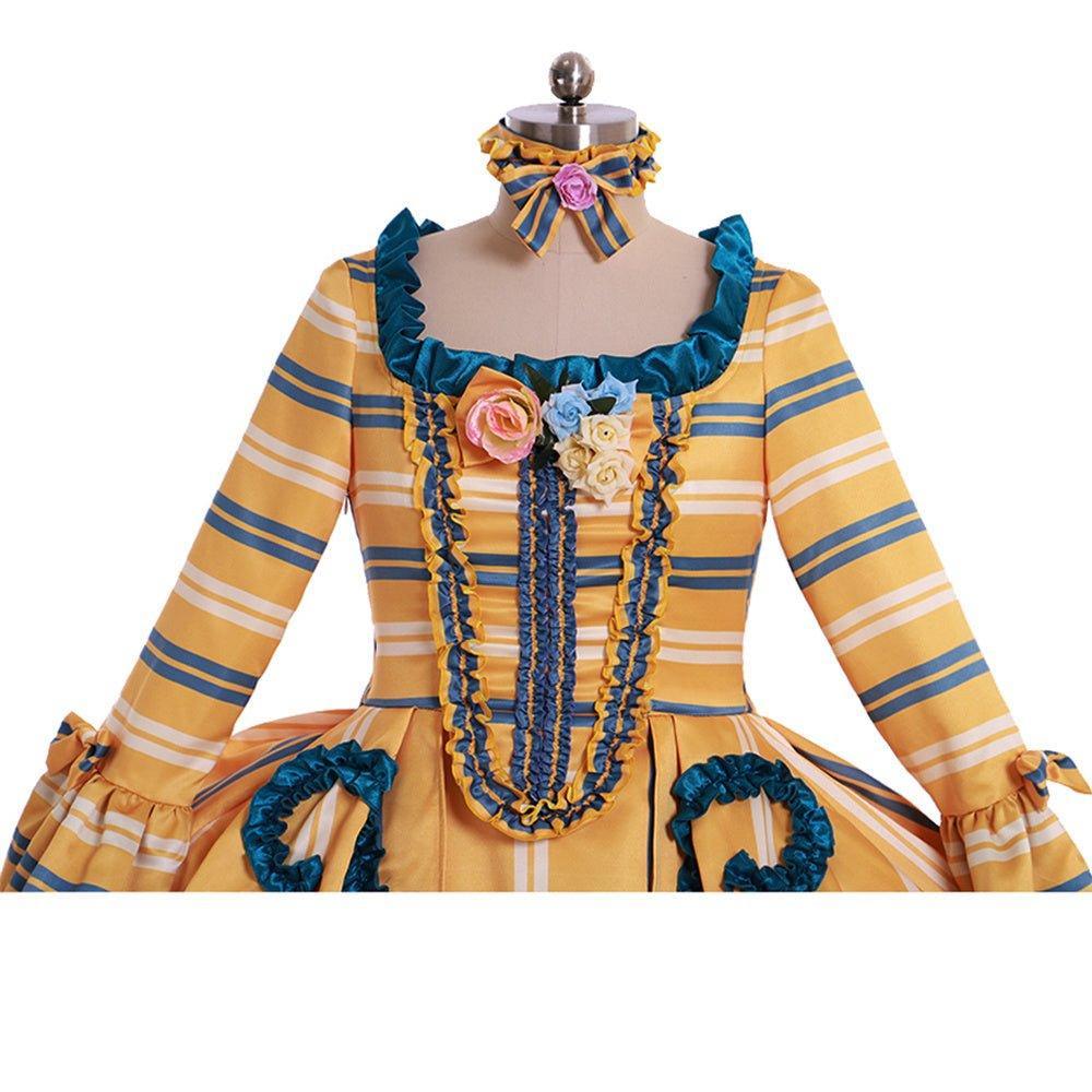 18th Century Rococo Yellow Wedding Gown - Striped Elegance with Blue Florals | Vintage Bridal Dress-Astricos