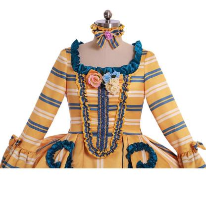 18th Century Rococo Yellow Wedding Gown - Striped Elegance with Blue Florals | Vintage Bridal Dress-Astricos