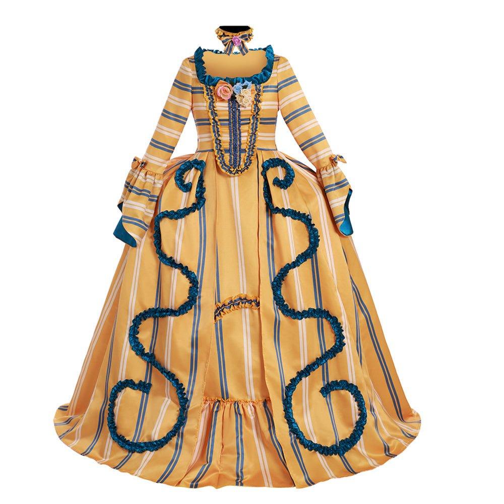 18th Century Rococo Yellow Wedding Gown - Striped Elegance with Blue Florals | Vintage Bridal Dress-Astricos