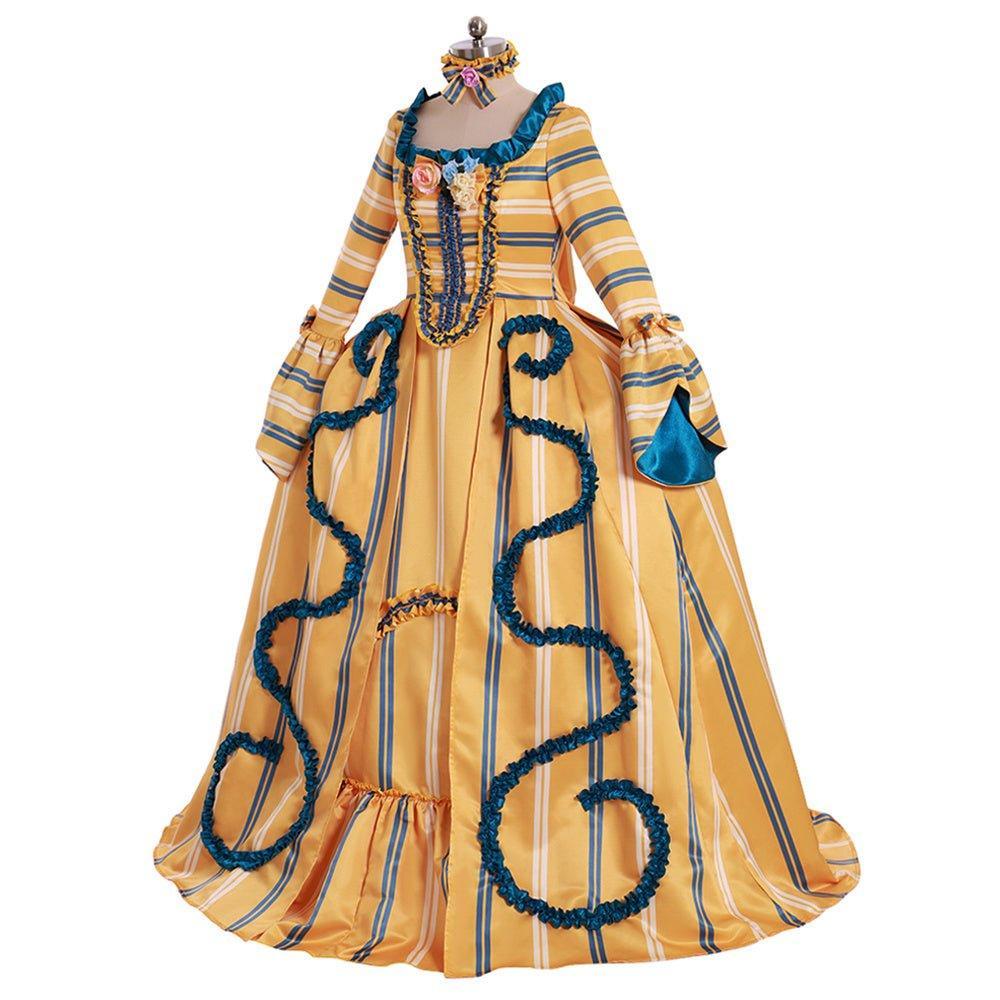 18th Century Rococo Yellow Wedding Gown - Striped Elegance with Blue Florals | Vintage Bridal Dress-Astricos