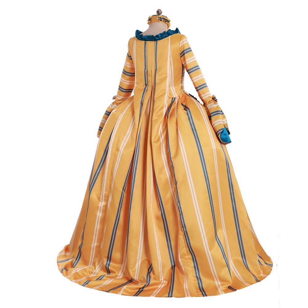 18th Century Rococo Yellow Wedding Gown - Striped Elegance with Blue Florals | Vintage Bridal Dress-Astricos