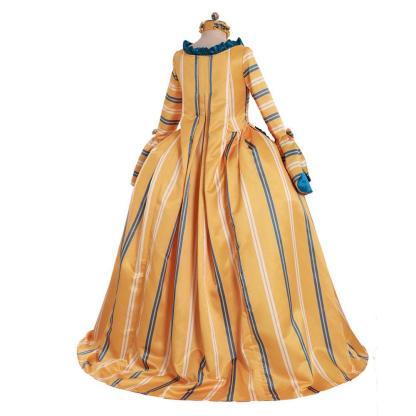 18th Century Rococo Yellow Wedding Gown - Striped Elegance with Blue Florals | Vintage Bridal Dress-Astricos