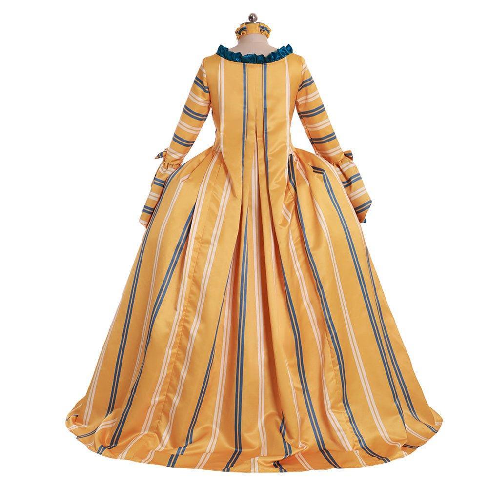 18th Century Rococo Yellow Wedding Gown - Striped Elegance with Blue Florals | Vintage Bridal Dress-Astricos