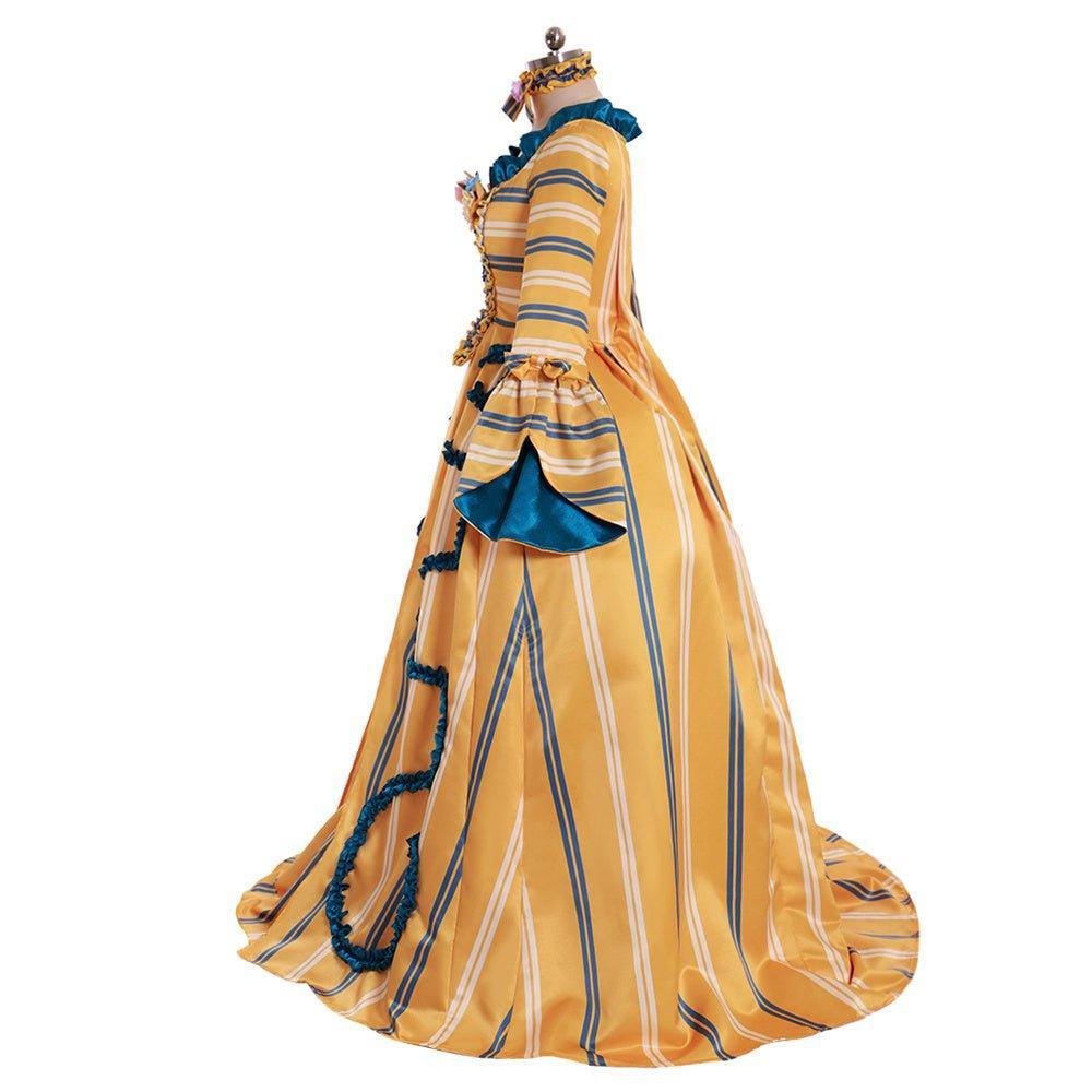 18th Century Rococo Yellow Wedding Gown - Striped Elegance with Blue Florals | Vintage Bridal Dress-Astricos
