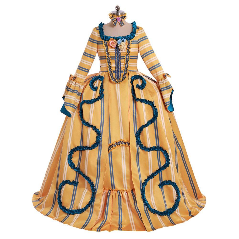 18th Century Rococo Yellow Wedding Gown - Striped Elegance with Blue Florals | Vintage Bridal Dress-Astricos