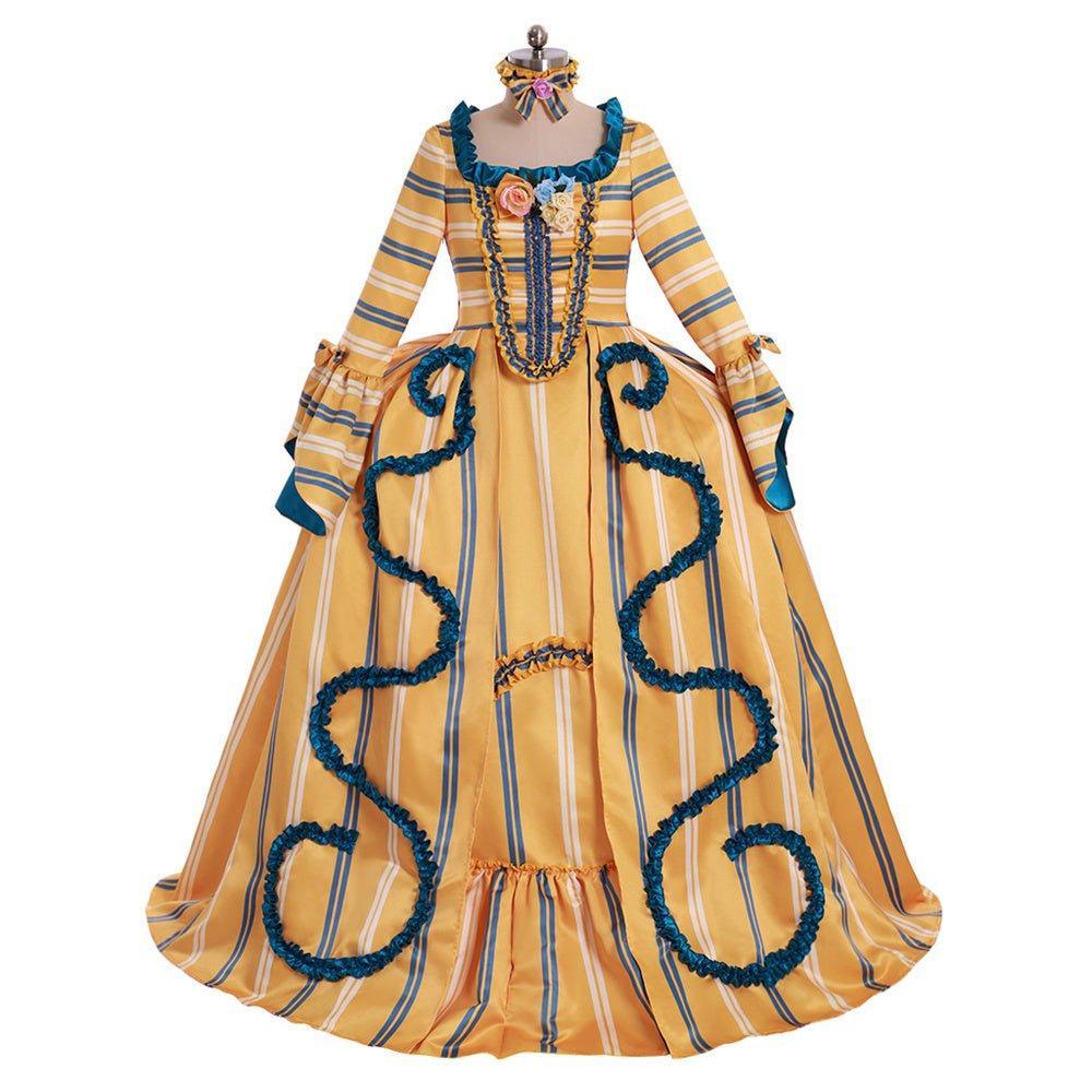 18th Century Rococo Yellow Wedding Gown - Striped Elegance with Blue Florals | Vintage Bridal Dress-Astricos