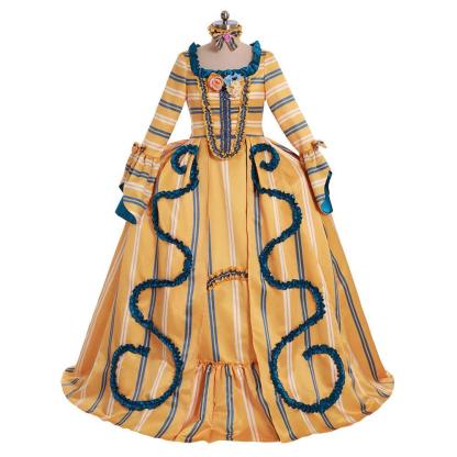 18th Century Rococo Yellow Wedding Gown - Striped Elegance with Blue Florals | Vintage Bridal Dress-Astricos