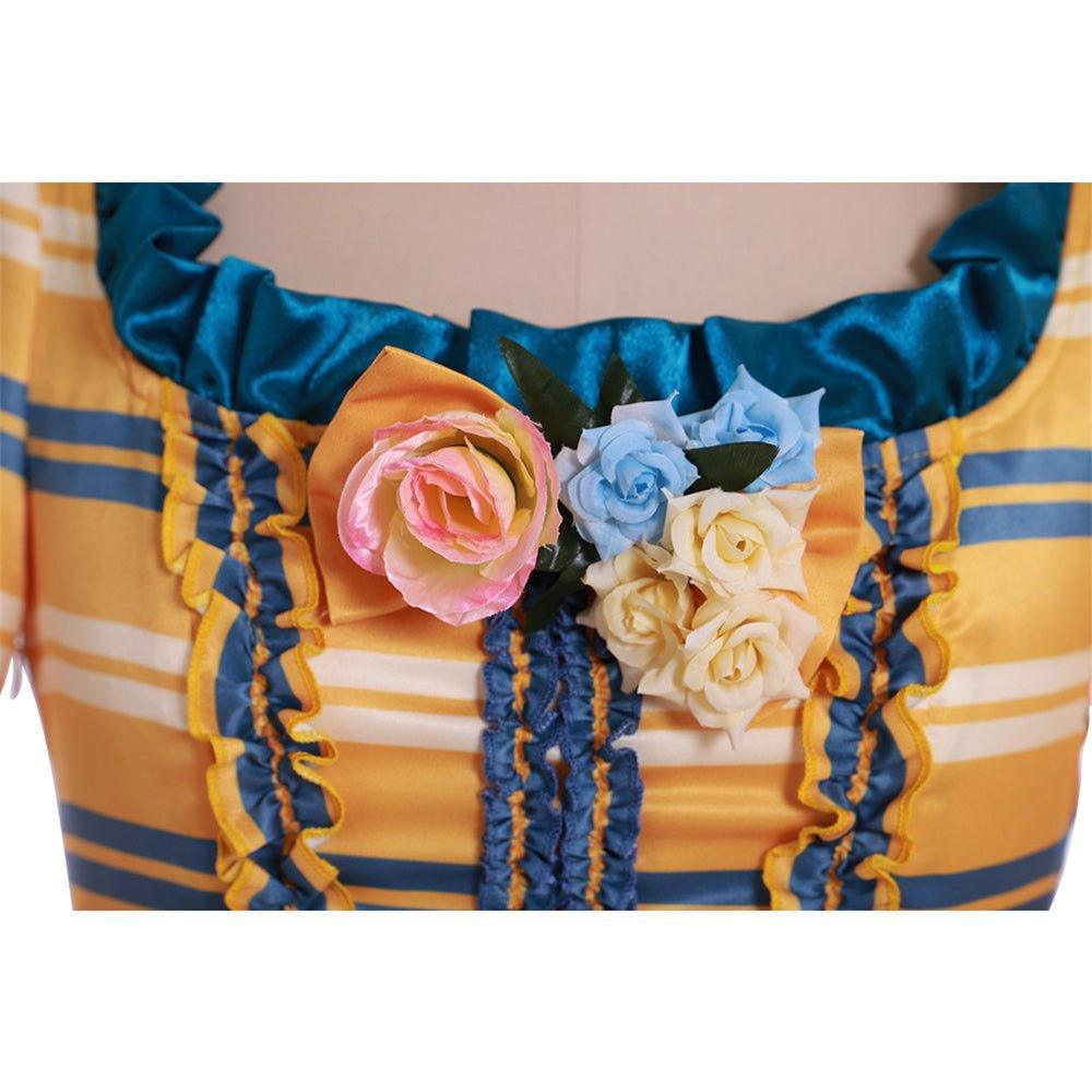18th Century Rococo Yellow Wedding Gown - Striped Elegance with Blue Florals | Vintage Bridal Dress-Astricos