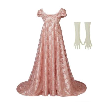 18th Century Women's High Waistline Pink Dress with Gloves - Timeless Elegance-Astricos