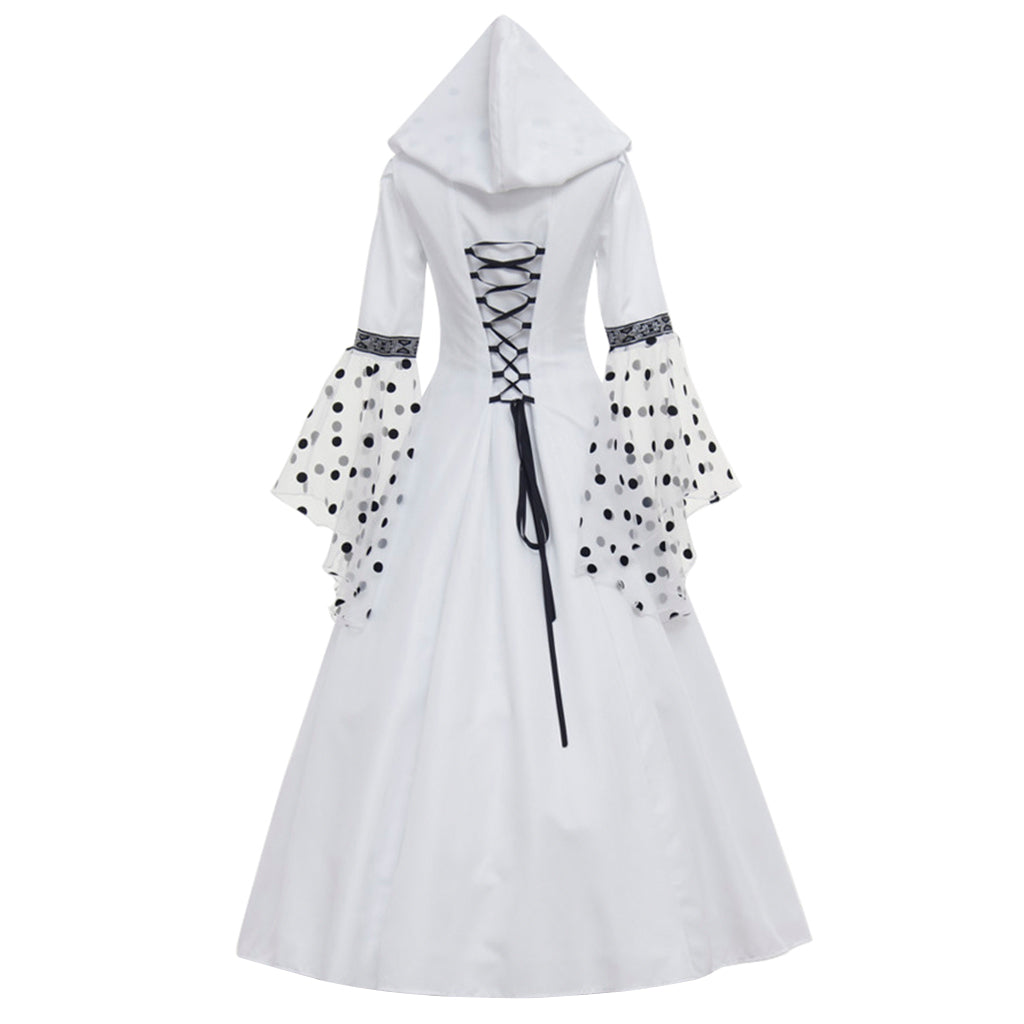 Gothic Steampunk Hooded Polka Dot White Dress - Medieval Victorian Renaissance Costume-Astricos