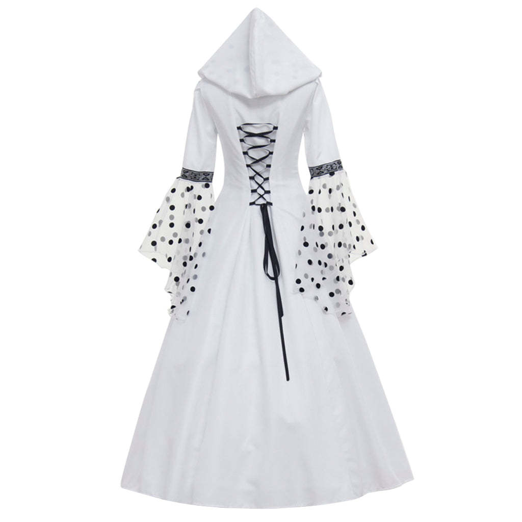 Gothic Steampunk Hooded Polka Dot White Dress - Medieval Victorian Renaissance Costume-Astricos